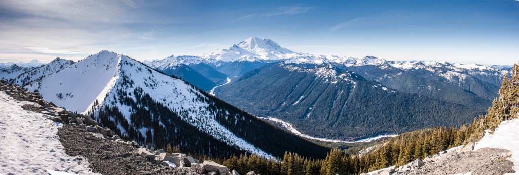 panoramic photo of the mountain ranges in view from the top of crystal mountain