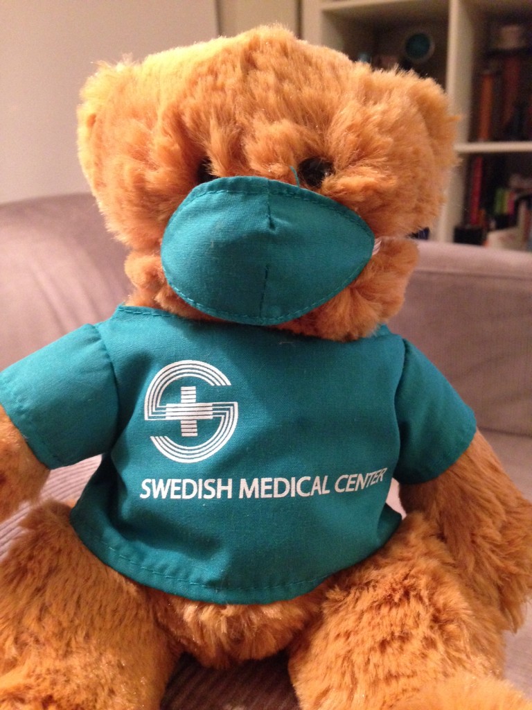 Stuffed bear with doctor scrubs